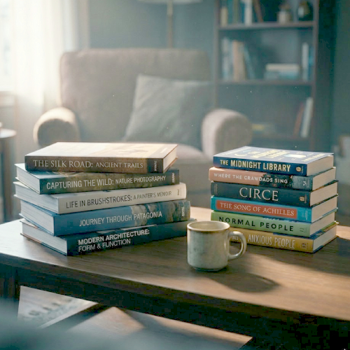 fiction & non fiction book pile